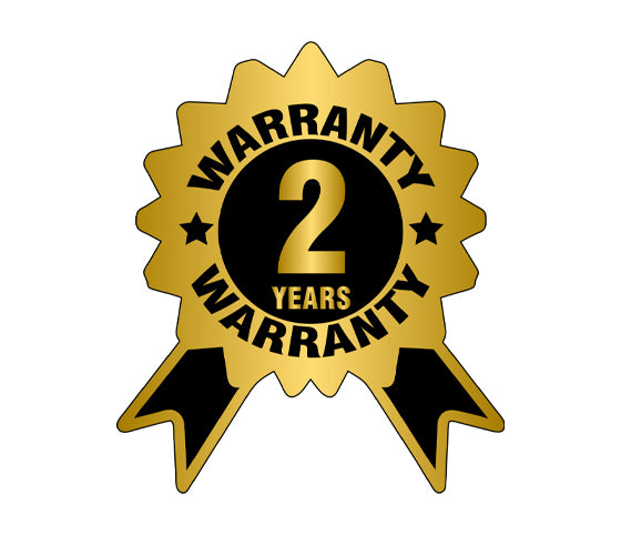 Gold and black badge stating '2 Years Warranty'.