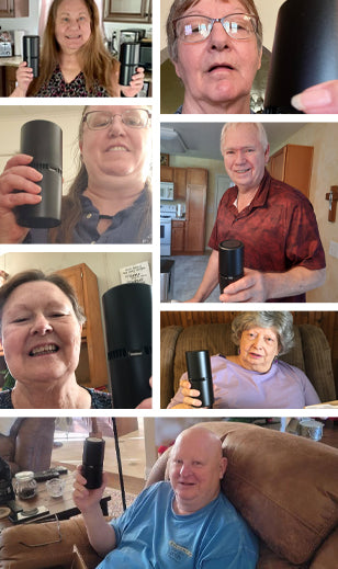 A collage of people holding a black cylindrical device in various indoor settings.
