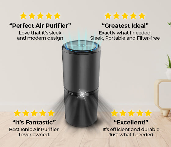 A sleek, modern air purifier with five-star reviews and customer testimonials.