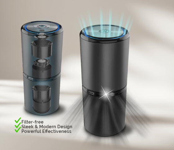 Sleek, filter-free air purifier with internal components visible.